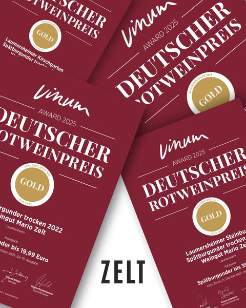 Urkunden mit Gold beim Deutschen Rotweinpreis 2025 von Vinum für das Weingut Zelt