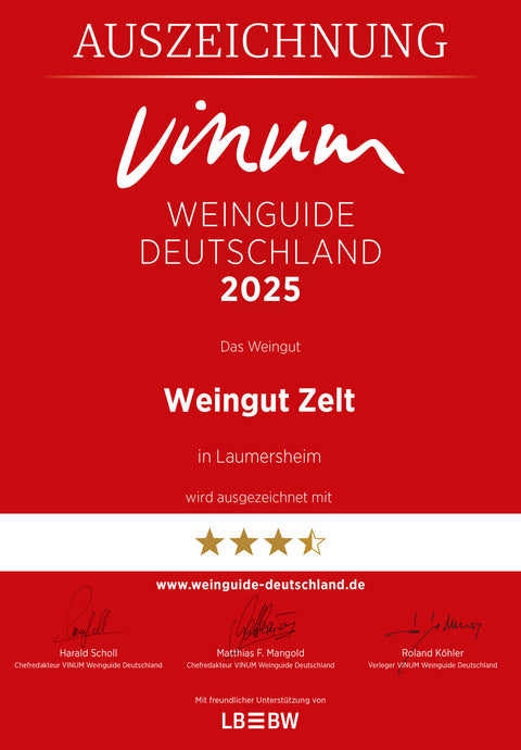 Weingut Zelt hat 3,5 Sterne bim Weinführer Vinum 2025 erzielt und gehört damit zu den besten Weingütern Deutschlands