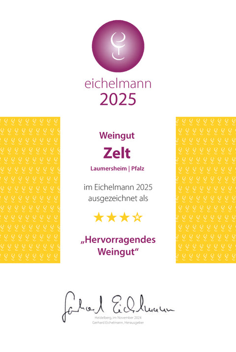 Weingut Zelt hat 3 volle Sterne bim Weinführer Eichelmann 2025 erzielt und ist damit ein hervorragendes Weingut